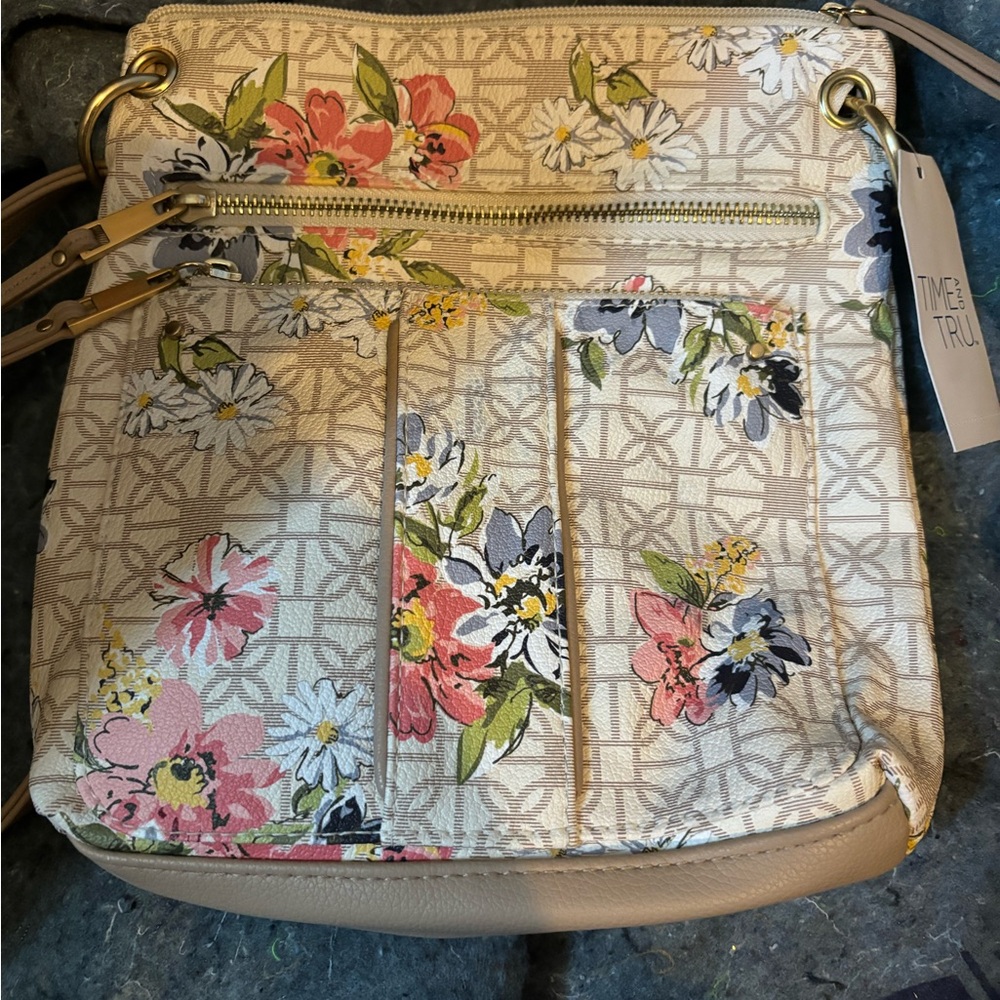 Time and Tru Cream Crossbody Bag with Artistic Flair